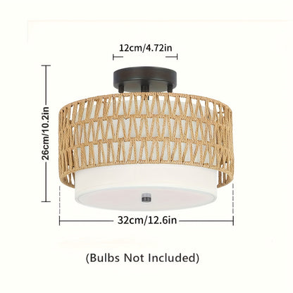 Boho Rattan Ceiling Light with Linen Diffuser – Coastal Semi-Flush Mount Fixture for Bedroom, Dining & Living Room