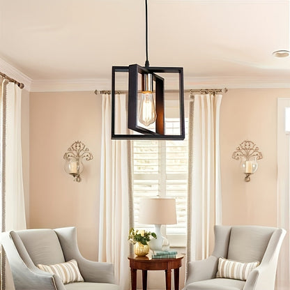 Modern Minimalist Geometric Industrial Pendant Light – Metal or Wood Frame Hanging Lamp for Kitchen Island, Dining & Cafe