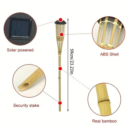 Solar Bamboo Flame Torch Lanterns 2-Pack – 12-LED Flickering Flame Outdoor Garden Lights, Auto On Dusk to Dawn, Tiki Style