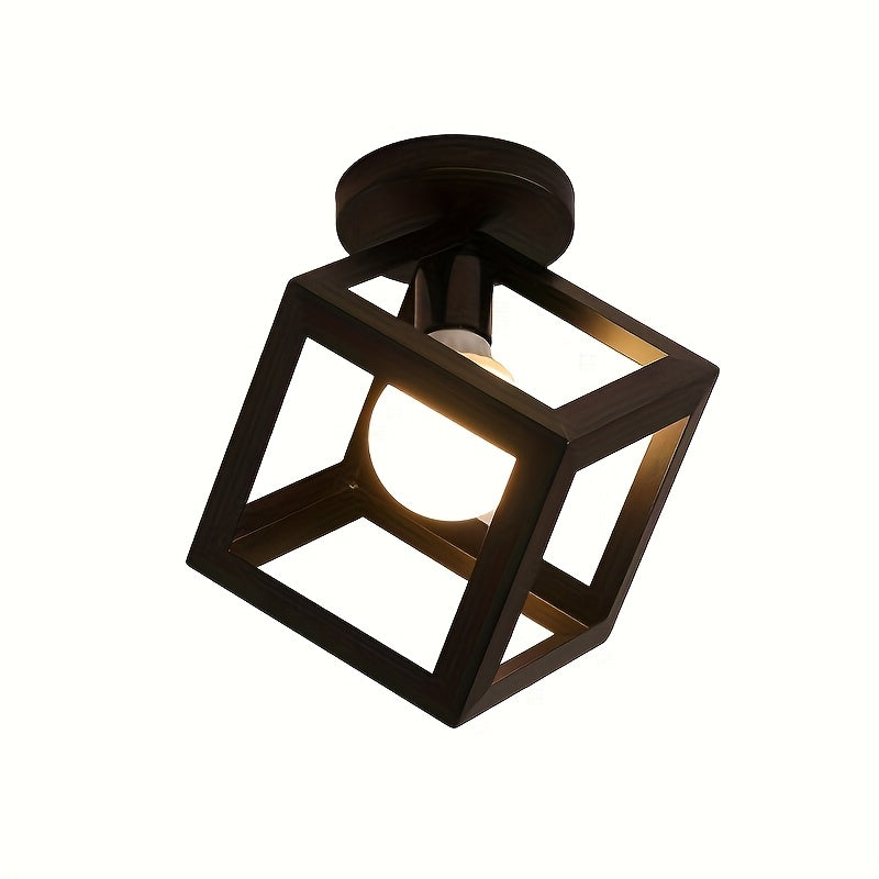 Modern Geometric Open Cube Ceiling Light – Industrial Metal Semi-Flush Mount Fixture for Living Room, Hallway & Office