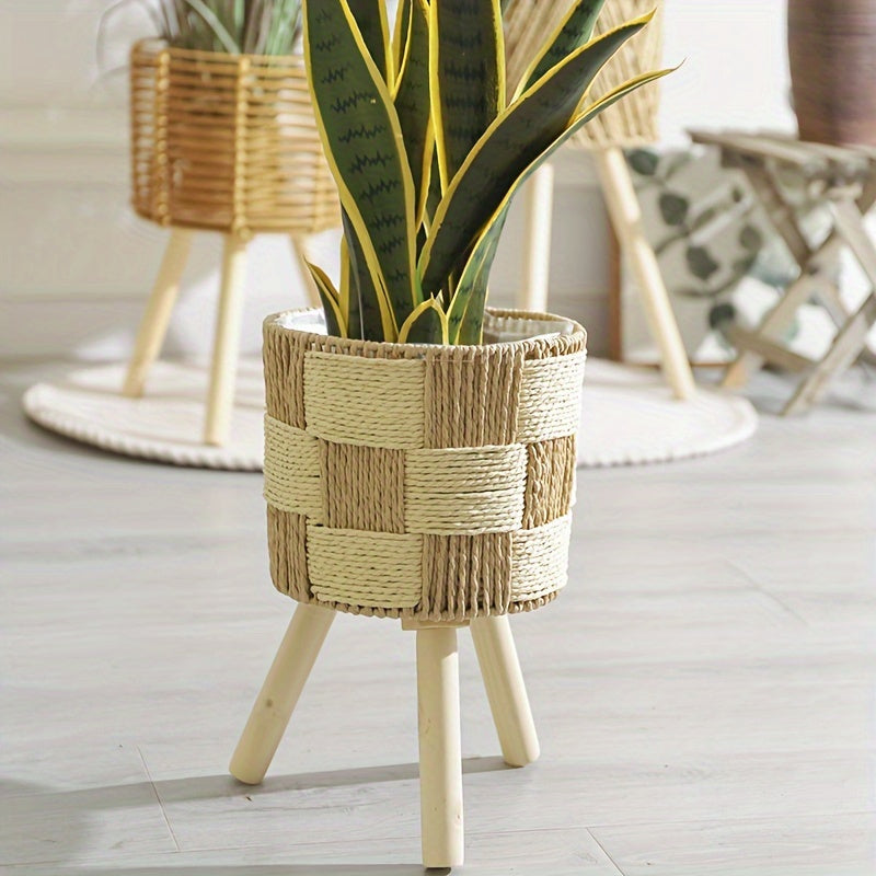 Boho Handwoven Bamboo Flower Stand – Rattan Planter Basket with Wooden Legs for Indoor Plants, 3 Sizes