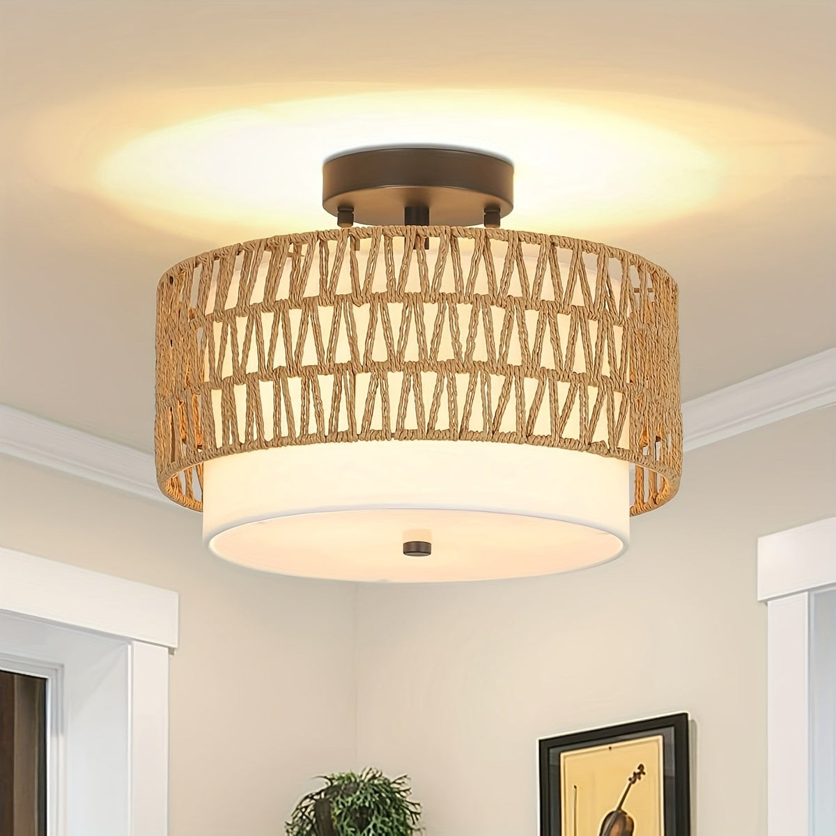 Boho Rattan Ceiling Light with Linen Diffuser – Coastal Semi-Flush Mount Fixture for Bedroom, Dining & Living Room