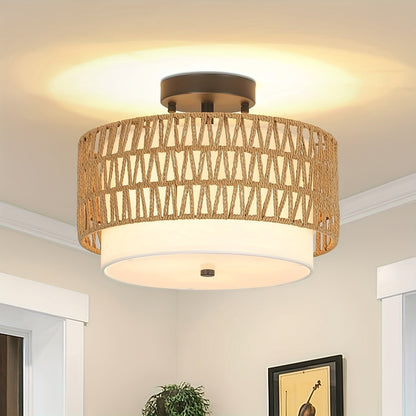 Boho Rattan Ceiling Light with Linen Diffuser – Coastal Semi-Flush Mount Fixture for Bedroom, Dining & Living Room