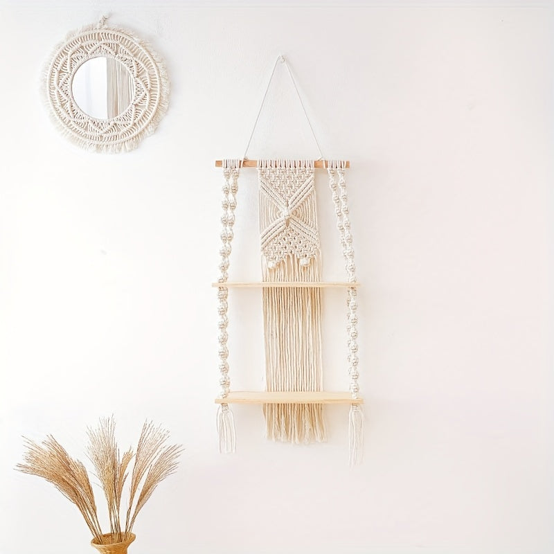 Boho Macrame Hanging Wall Shelf – 2-Tier Handwoven Cotton Rope & Wood Organizer for Plants, Books & Decor
