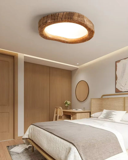 Le Halo Bois Wood-Effect LED Ceiling Light – Rustic Resin Flush Mount Lamp in S, M or L for Bedroom, Living Room & Hallway