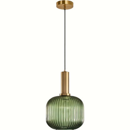 Modern Ribbed Glass Pendant Light – Striped Glass Shade with Polished Brass Finish, Kitchen Island & Dining Hanging Lamp