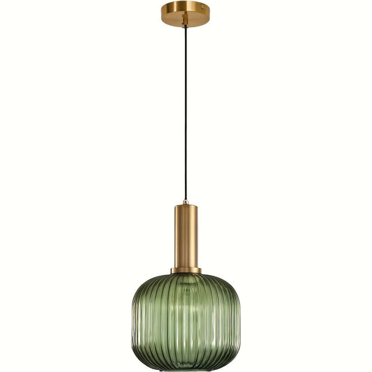 Modern Ribbed Glass Pendant Light – Striped Glass Shade with Polished Brass Finish, Kitchen Island & Dining Hanging Lamp