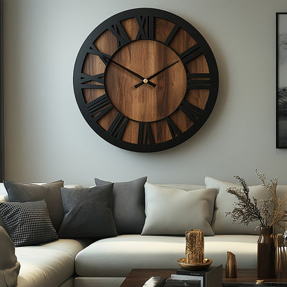 Vintage Wooden Roman Numeral Wall Clock – Large Silent Rustic Farmhouse Clock, 14, 16 or 18 Inch for Living Room & Kitchen