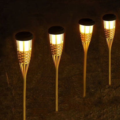 Solar Bamboo Flame Torch Lanterns 2-Pack – 12-LED Flickering Flame Outdoor Garden Lights, Auto On Dusk to Dawn, Tiki Style