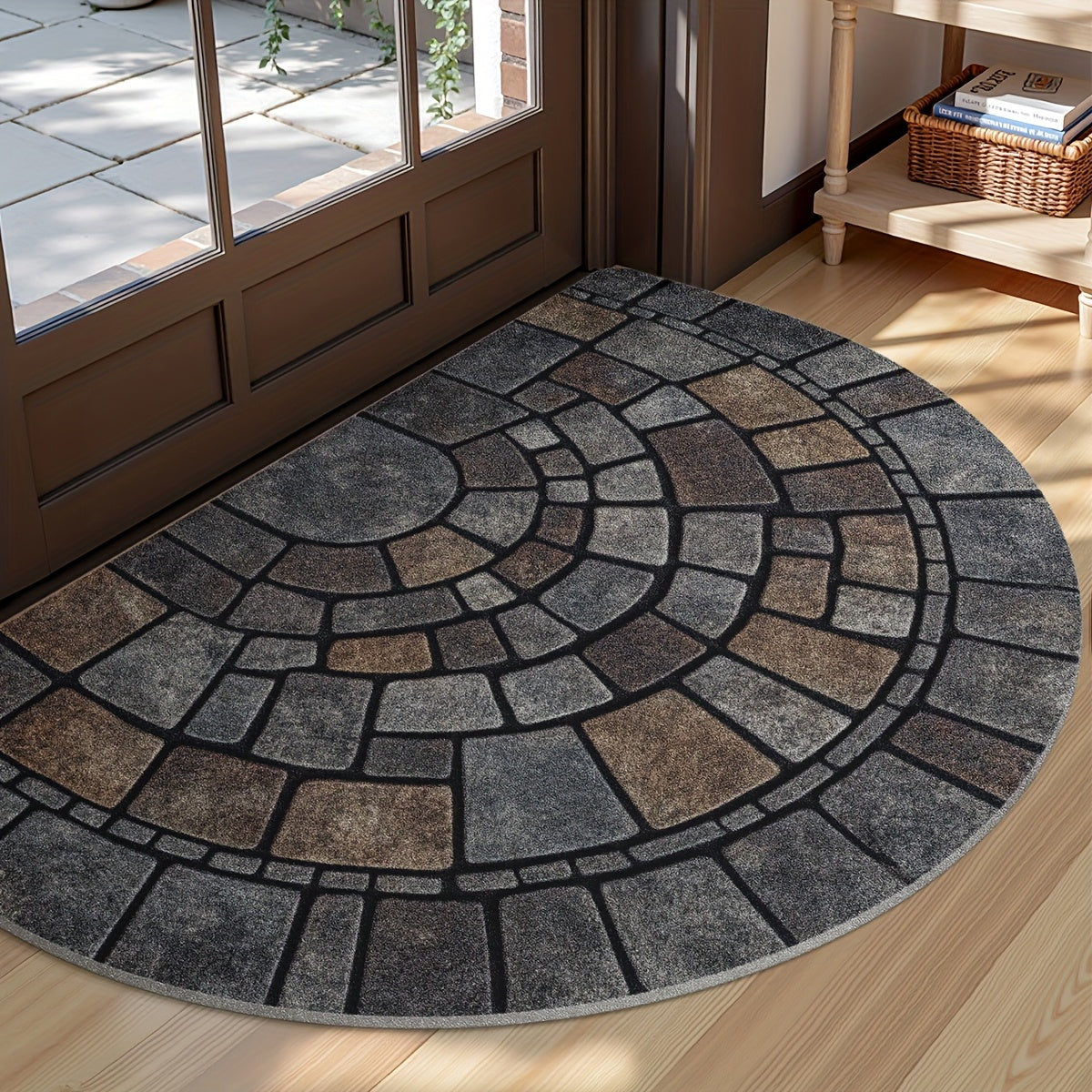 Half-Circle Mosaic Door Mat – Non-Slip Semi-Round Indoor Outdoor Entryway Rug, 100% Polyester, 45x75 or 60x90 cm