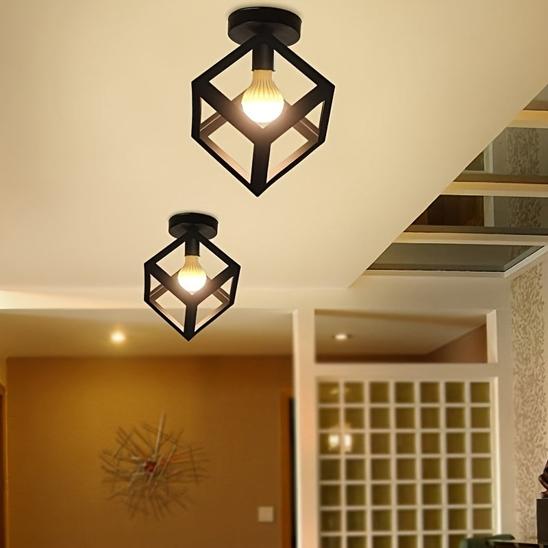 Modern Geometric Open Cube Ceiling Light – Industrial Metal Semi-Flush Mount Fixture for Living Room, Hallway & Office