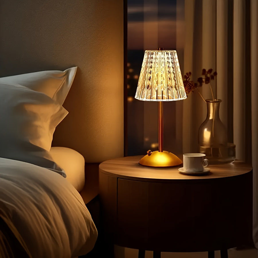 Elegant Crystal Touch Table Lamp – USB Rechargeable Cordless Faceted Shade Lamp with 3-Color Touch Dimming