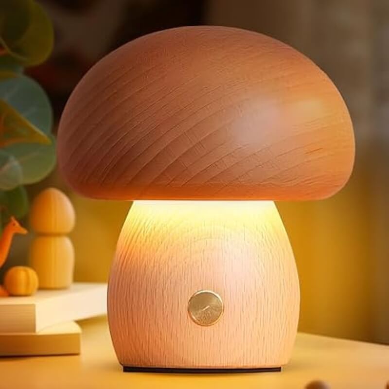 Portobello Natural Wood Mushroom Lamp – Rechargeable Touch-Dimmable Bedside Night Light, 6-8 Hour Battery, Walnut or Wood