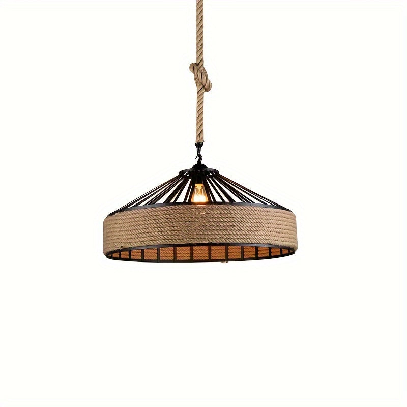 Rustic Hand-Woven Hemp Rope Pendant Light – Vintage Farmhouse Ceiling Lamp with Metal Frame & Adjustable Cord