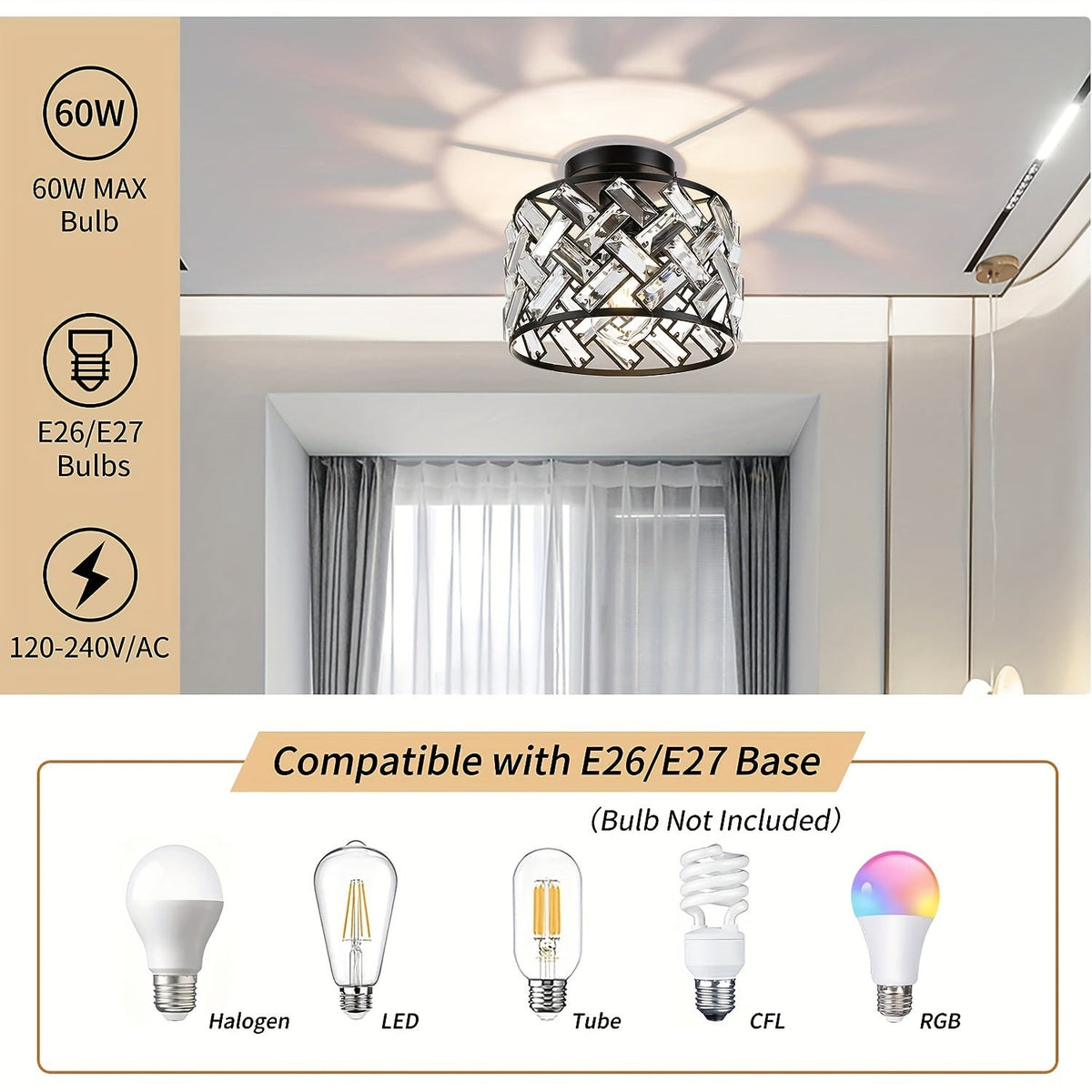 Modern Crystal Semi-Flush Mount Ceiling Light – Black Lattice Frame Chandelier with Clear Crystals for Bedroom & Dining