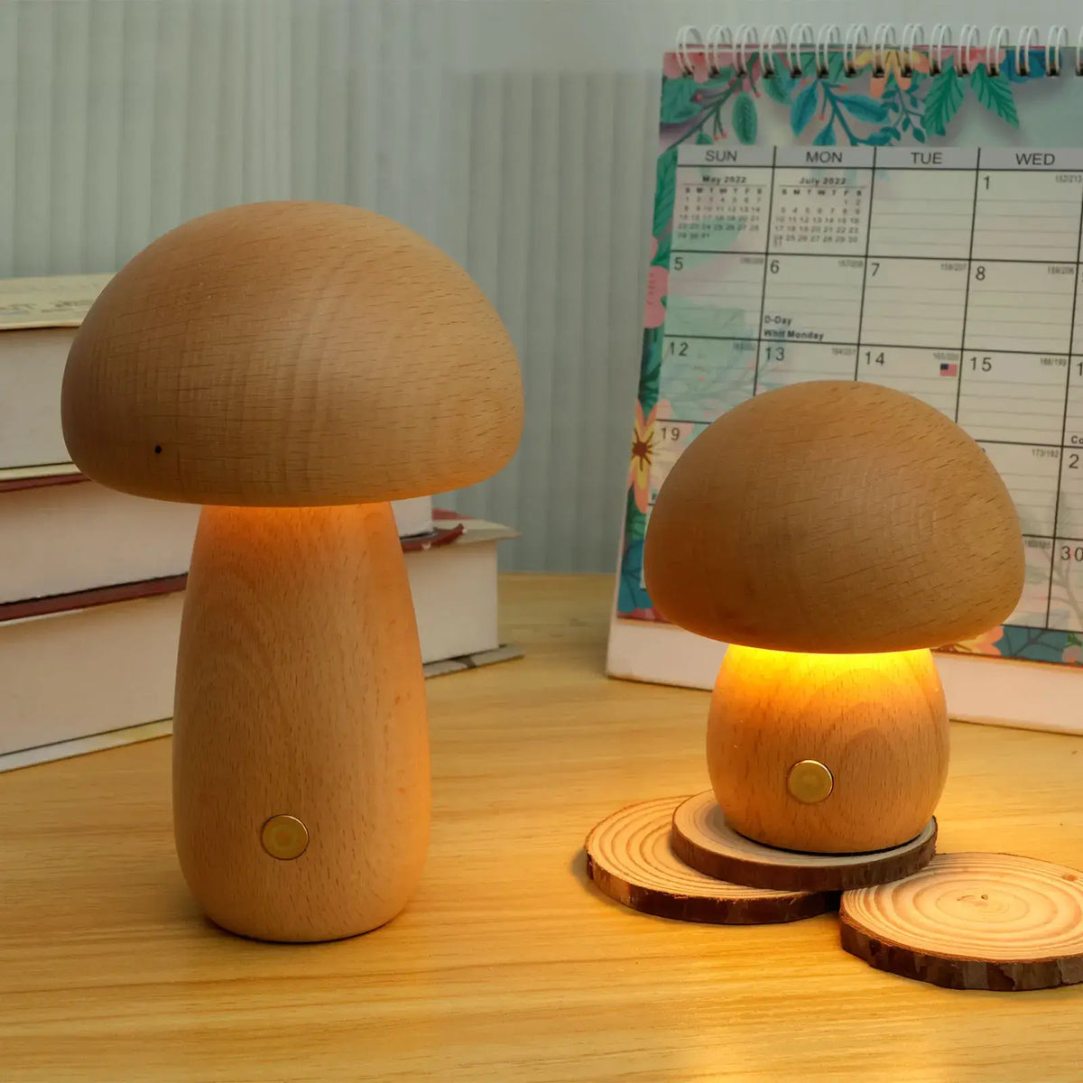 Portobello Natural Wood Mushroom Lamp – Rechargeable Touch-Dimmable Bedside Night Light, 6-8 Hour Battery, Walnut or Wood
