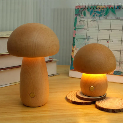 Portobello Natural Wood Mushroom Lamp – Rechargeable Touch-Dimmable Bedside Night Light, 6-8 Hour Battery, Walnut or Wood