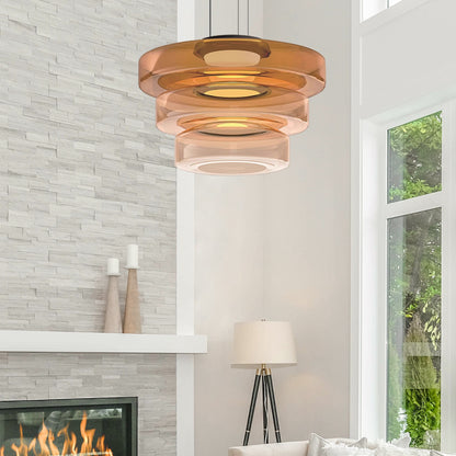 Bauhaus Layered Glass Pendant Lamp – Modern Amber, Green or Smoke Grey Hanging Light Fixture for Kitchen & Dining Room