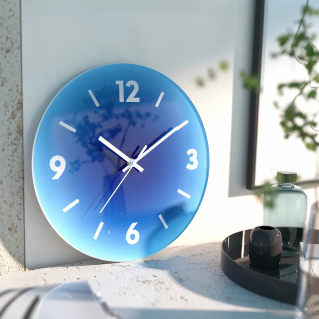 Sunset Gradient Glass Wall Clock – Silent Modern Tempered Glass Clock in Orange, Blue or Purple, With or Without Numbers