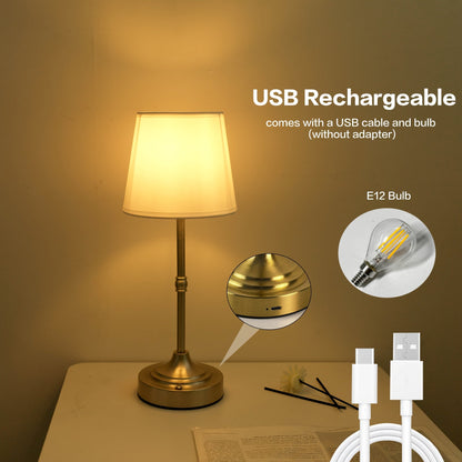 Dimmable Cordless Table Lamp – USB Rechargeable 2000mAh Brushed Metal Lamp with Fabric Shade for Bedside & Living Room
