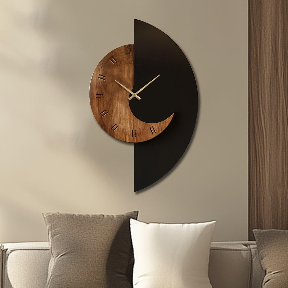 Modern Half-Moon Wooden Wall Clock – Silent Battery Operated Natural Wood & Black Clock, 17 to 22 Inch Statement Decor