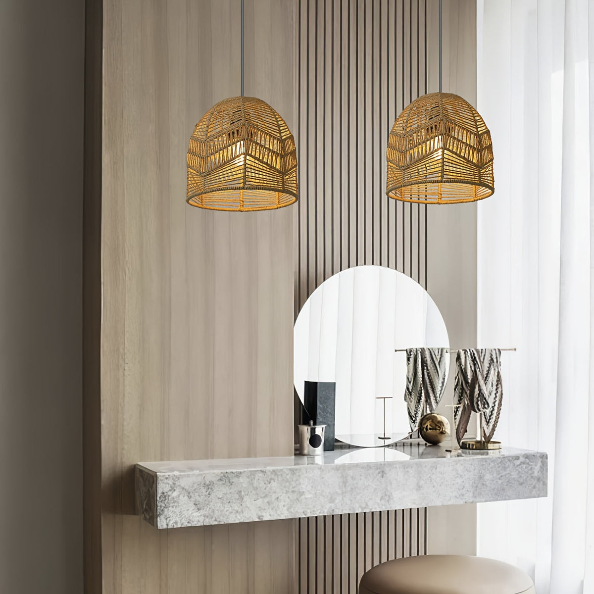 Handwoven Rope Dome Pendant Light Shade – Rustic Farmhouse Coastal Woven Lampshade Chandelier in White, Brown or Black