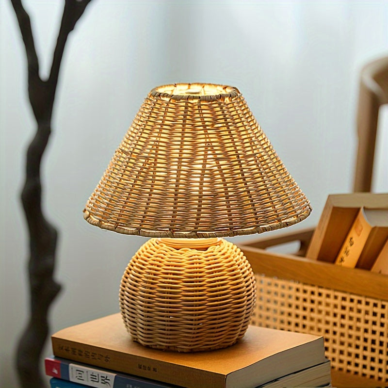 Handwoven Bamboo Desk Lamp – USB-Powered Boho Rattan Table Light with Natural Woven Shade for Bedroom & Reading Corner