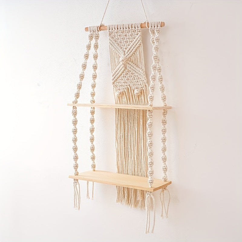Boho Macrame Hanging Wall Shelf – 2-Tier Handwoven Cotton Rope & Wood Organizer for Plants, Books & Decor