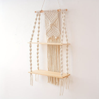 Boho Macrame Hanging Wall Shelf – 2-Tier Handwoven Cotton Rope & Wood Organizer for Plants, Books & Decor