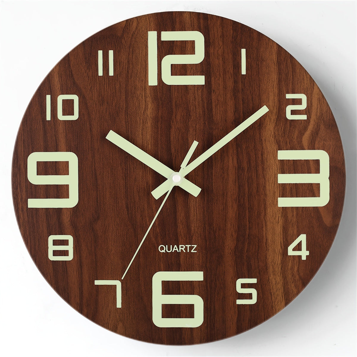 Walnut Luminous Wall Clock – Silent Glow-in-the-Dark Wooden Clock, 12 Inch Night Readable Clock for Bedroom & Living Room