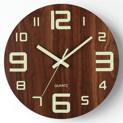 Walnut Luminous Wall Clock – Silent Glow-in-the-Dark Wooden Clock, 12 Inch Night Readable Clock for Bedroom & Living Room