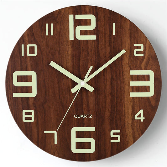 Walnut Luminous Wall Clock – Silent Glow-in-the-Dark Wooden Clock, 12 Inch Night Readable Clock for Bedroom & Living Room