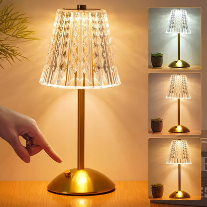 Elegant Crystal Touch Table Lamp – USB Rechargeable Cordless Faceted Shade Lamp with 3-Color Touch Dimming