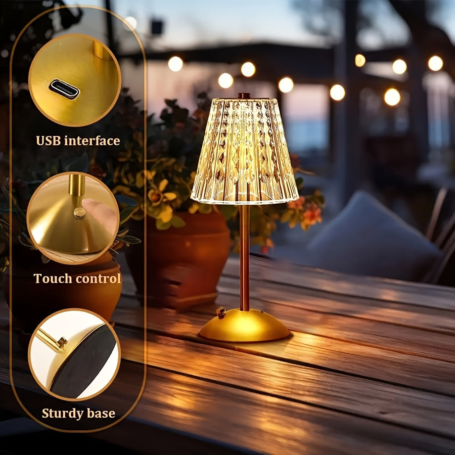 Elegant Crystal Touch Table Lamp – USB Rechargeable Cordless Faceted Shade Lamp with 3-Color Touch Dimming