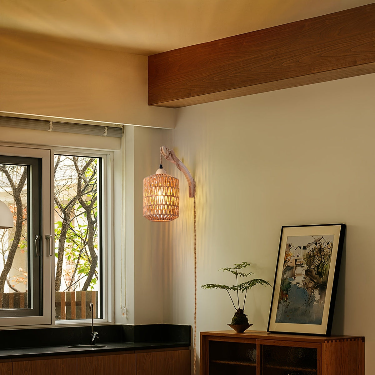 Boho Wood & Rattan Plug-In Wall Lamp – Handwoven Wall Sconce with 280 cm Cord, No Hardwiring Needed, Rental-Friendly