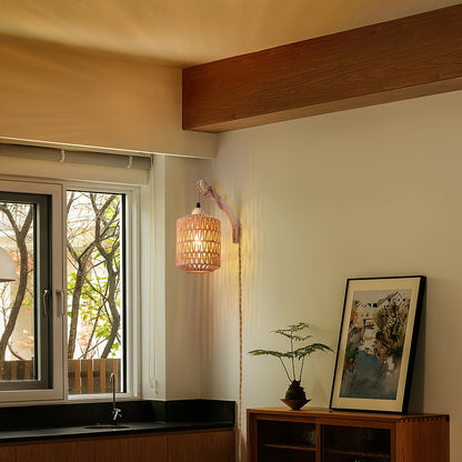 Boho Wood & Rattan Plug-In Wall Lamp – Handwoven Wall Sconce with 280 cm Cord, No Hardwiring Needed, Rental-Friendly