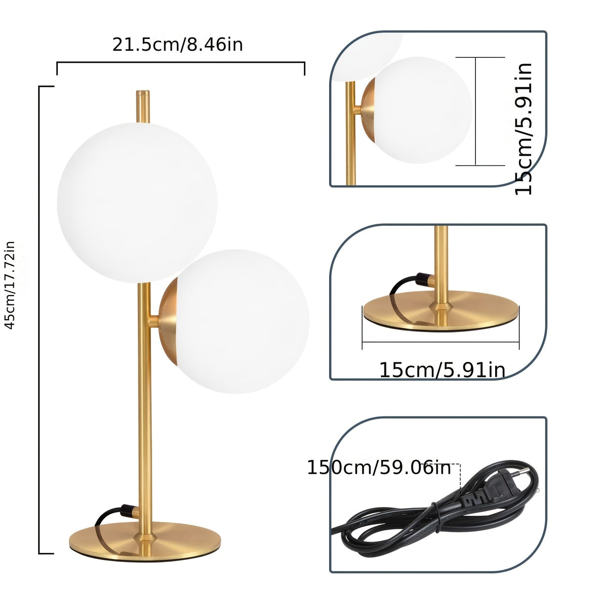 Modern Golden Table Lamp with Frosted White Glass Globe – Single or Double Globe Bedside & Desk Lamp, Polished Brass Finish