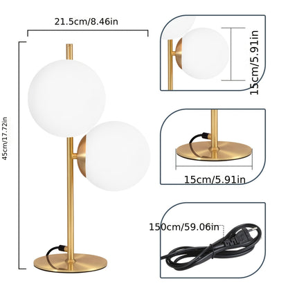 Modern Golden Table Lamp with Frosted White Glass Globe – Single or Double Globe Bedside & Desk Lamp, Polished Brass Finish
