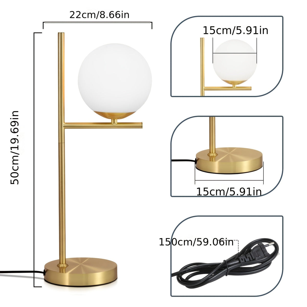 Modern Golden Table Lamp with Frosted White Glass Globe – Single or Double Globe Bedside & Desk Lamp, Polished Brass Finish