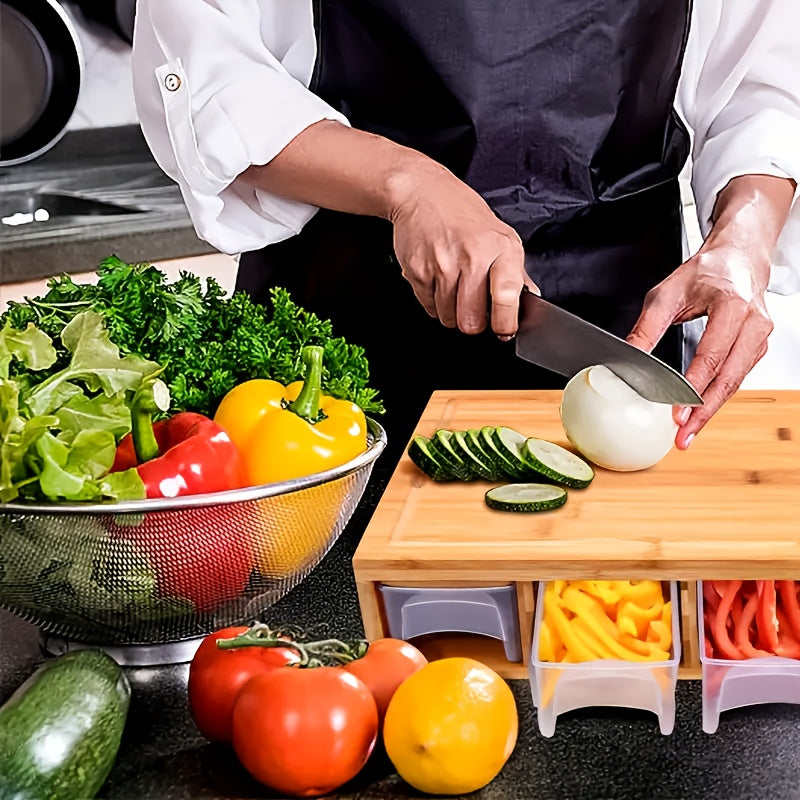 Bamboo Cutting Board with Built-In Storage Trays & Graters – Multifunctional Kitchen Prep Station with 4 Interchangeable Blades