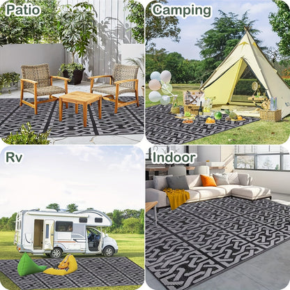 Reversible Outdoor Rug – Modern Black & Grey Geometric Weather-Resistant Polypropylene Patio Mat, 3 Large Sizes