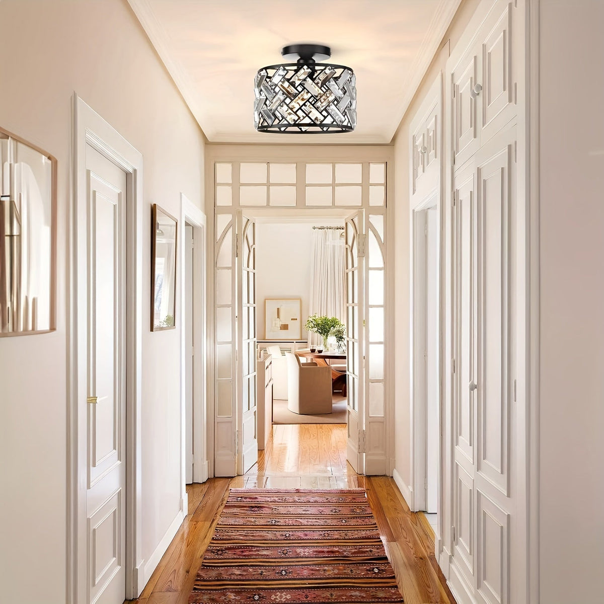 Modern Crystal Semi-Flush Mount Ceiling Light – Black Lattice Frame Chandelier with Clear Crystals for Bedroom & Dining