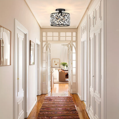 Modern Crystal Semi-Flush Mount Ceiling Light – Black Lattice Frame Chandelier with Clear Crystals for Bedroom & Dining
