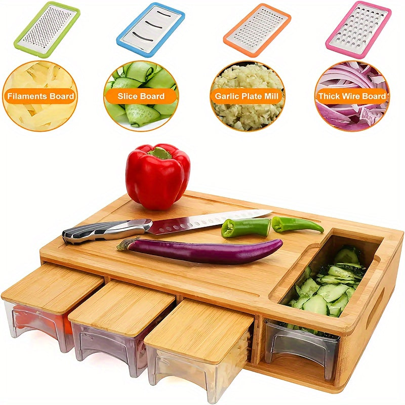 Bamboo Cutting Board with Built-In Storage Trays & Graters – Multifunctional Kitchen Prep Station with 4 Interchangeable Blades
