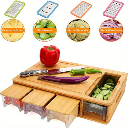 Bamboo Cutting Board with Built-In Storage Trays & Graters – Multifunctional Kitchen Prep Station with 4 Interchangeable Blades