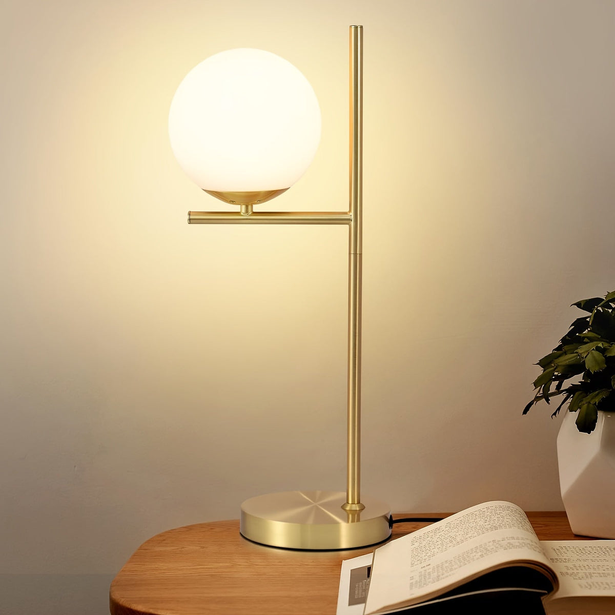 Modern Golden Table Lamp with Frosted White Glass Globe – Single or Double Globe Bedside & Desk Lamp, Polished Brass Finish