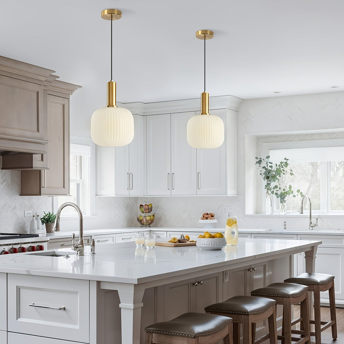 Modern Ribbed Glass Pendant Light – Striped Glass Shade with Polished Brass Finish, Kitchen Island & Dining Hanging Lamp