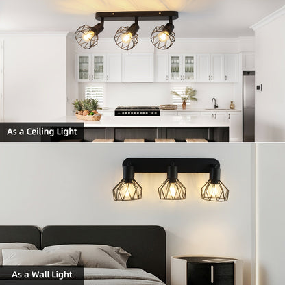 Vintage Industrial 3-Light Ceiling Spotlight – Adjustable Black Metal Cage Track Light Fixture for Kitchen, Hallway & Loft
