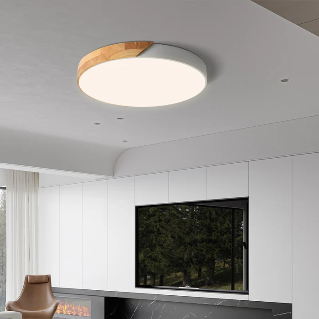 Modern Nordic LED Ceiling Light with Wood Accent – Flush Mount Dimmable Fixture for Bedroom, Living Room, Kitchen & Hallway