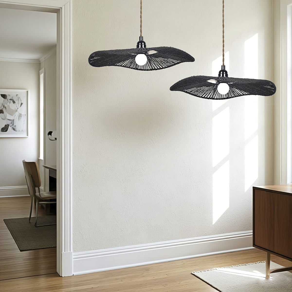 Handwoven Paper Rope Wave Pendant Light Shade – Sculptural Artistic Woven Lampshade in Khaki or Black for Dining Table
